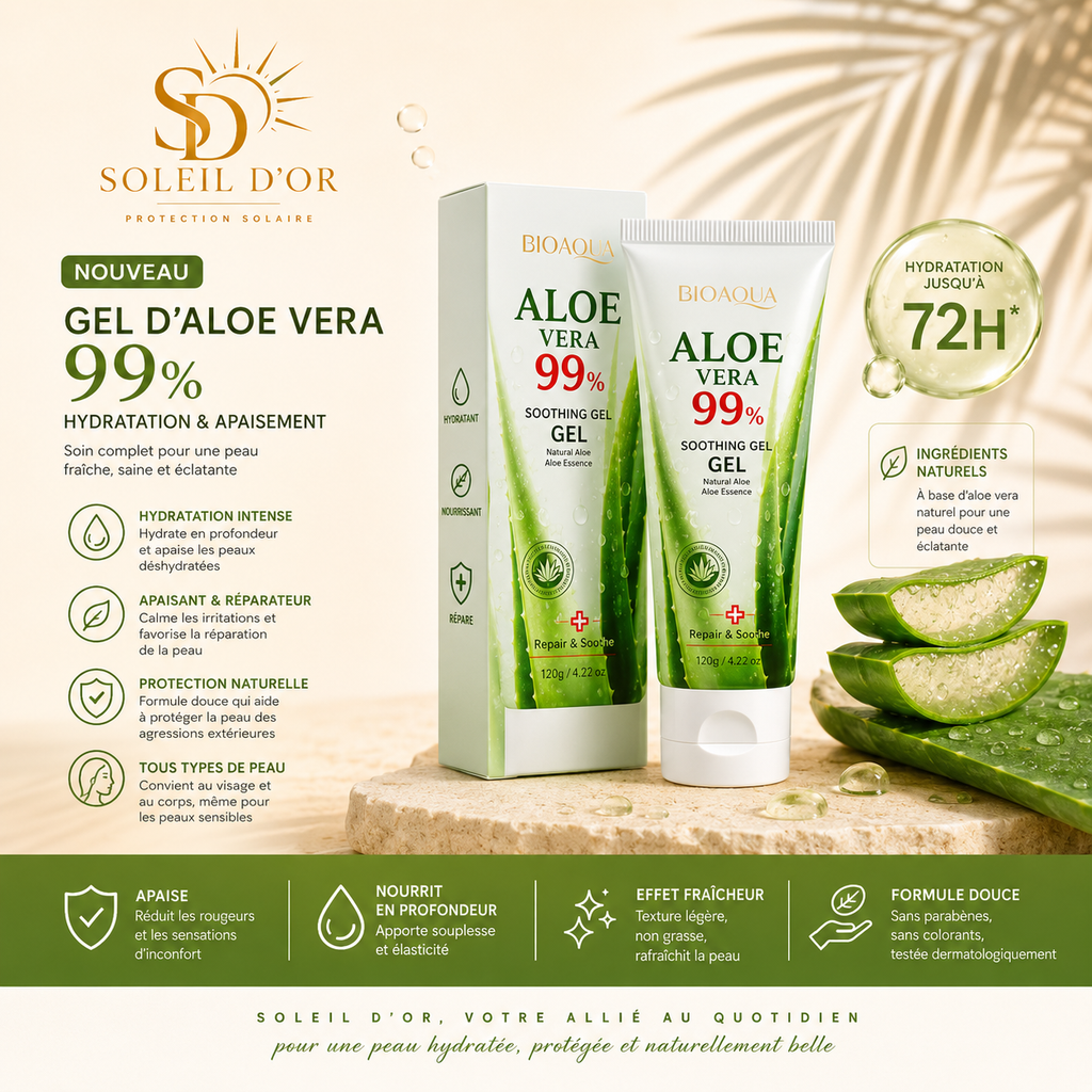 BIOAOUA Gel d'Aloe Vera Apaisant Visage & Corps – Hydratant, Réparateur et Soulage les Coups de Soleil