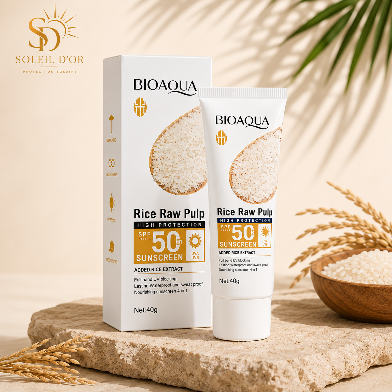 Crème Solaire SPF 50+ à la Purée de Riz BIOAQUA – Protection UV Haute Performance