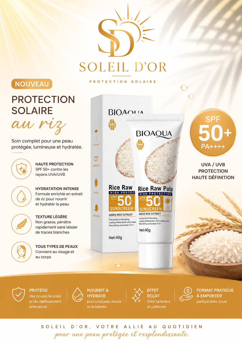 Crème Solaire SPF 50+ à la Purée de Riz BIOAQUA – Protection UV Haute Performance